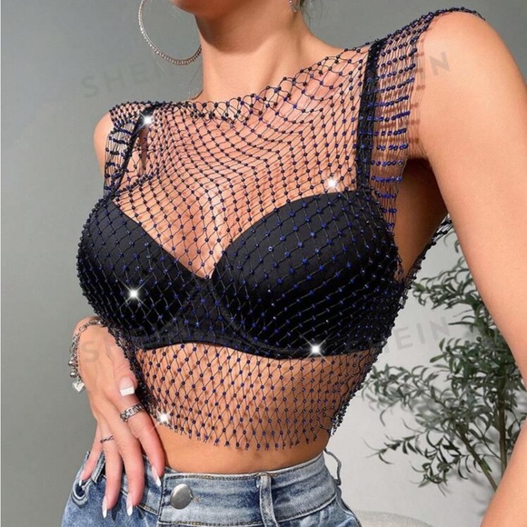 Rhinestone Detail Fishnet Mesh Tank Top Without Bra - Picture 5 of 5